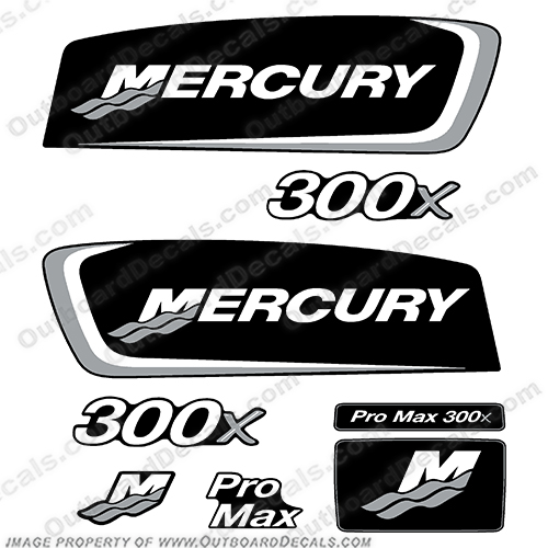 Mercury 300x ProMax Decals - Silver/White [clone] pro. max, pro max, pro-max, mercury, 300x, pro, max, silver, white, outboard, motor, engine, decal, sticker, kit, full ,set