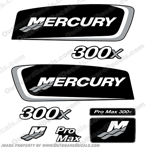 Mercury 300x ProMax Decals - Silver/White pro. max, pro max, pro-max, mercury, 300x, pro, max, silver, white, outboard, motor, engine, decal, sticker, kit, full ,set