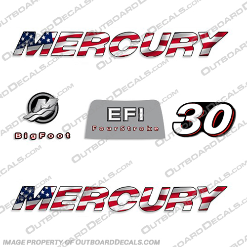 Mercury 30hp 4-Stroke EFI Decal Kit - 2006 FLAG 2006, mercury, 30, 30hp, 30 hp, straight, boat, decals, motor, engine, outboard, kit, American, America, Flag, 4-stroke, 4, stroke, four, EFI, 