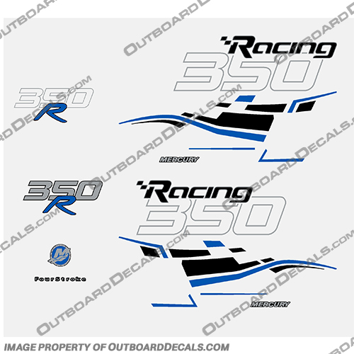 Mercury 350hp Verado Racing Decals - Black / Blue mercury, 350, 350r, racing, efi, salt, water, saltwater, custom, outboard, engine, motor, decal, sticker, kit, set, verado, black, models, engines, 6, cylinder, 2006, 2007, 2008, 2008, 2009, 2010, 2011, 2012, 2013, 2014, 2015, 2016, 2017, red, dual stripes, 