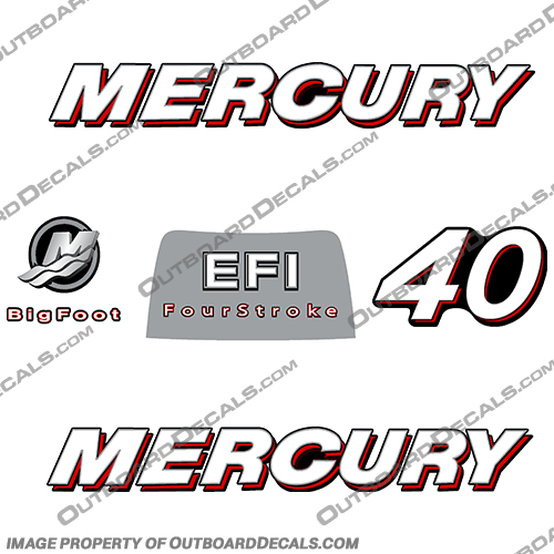 Mercury 40hp Fourstroke Decals (Red) 2006 - Straight mercury, 40hp, 40, hp, fourstroke, fourstroke efi, efi, red, 2006, straight, decals, boat, engine, outboard, stickers, set, motor