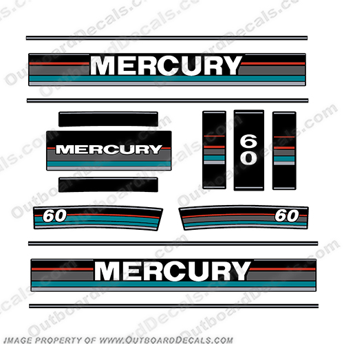 Mercury 1989-1990 60HP Outboard Decals (Teal) mercury, 60, outboard, motor, decal, sticker, kit, set, with, teal, 89, 90