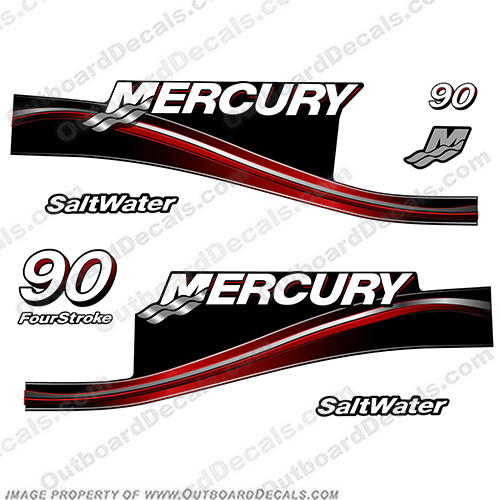 Mercury 90hp Four Stroke Saltwater Outboard Decals - 2005 (Red)   merc, mercury, four, stroke, 4stroke, 4 stroke, 4, outboard, engine, motor, decal, sticker, kit, set, 90 hp, 90, 90hp, INCR10Aug2021