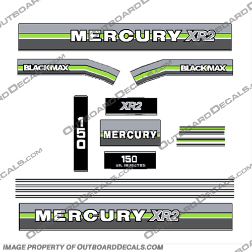 Mercury 1987 150hp XR2 Outboard Decals - Silver Lime Green Mercury, 1987, 150, 150hp, XR2, Outboard, Decal, Decals, Lime, Green, Blackmax, Silver