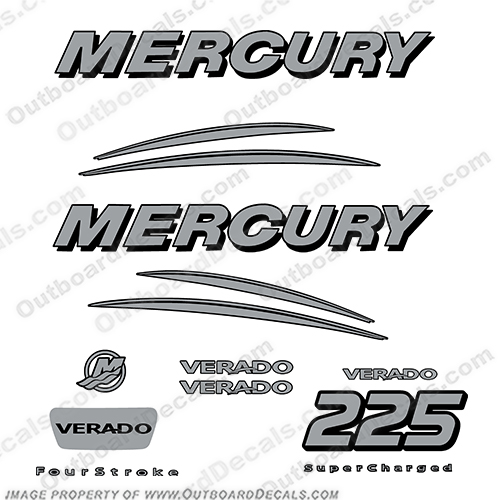 Mercury Verado 225hp Decal Kit - Silver merc, mercury, verado, outboard, engine, motor, decal, sticker, kit, set, decals, mercury, 225, 225 hp, horsepower, 225hp, 1998, 1999, 2000, 2001, 2002, 2003, 2004, 2005, 2006, 2007, 2008, 2009, 2010, 2011, 2012, 2013, 2014, 2015, 2016, 2017, 2018, 2019electronic, fuel, injection, INCR10Aug2021