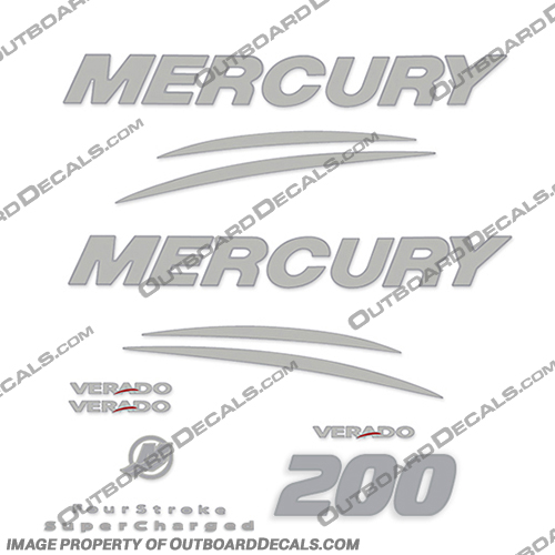 Mercury Verado 200hp Decal Kit - Chrome/Silver  200, 200hp, chrome, silver, hp, outboard motor, tiller, engine, decal, sticker, kit, set, INCR10Aug2021