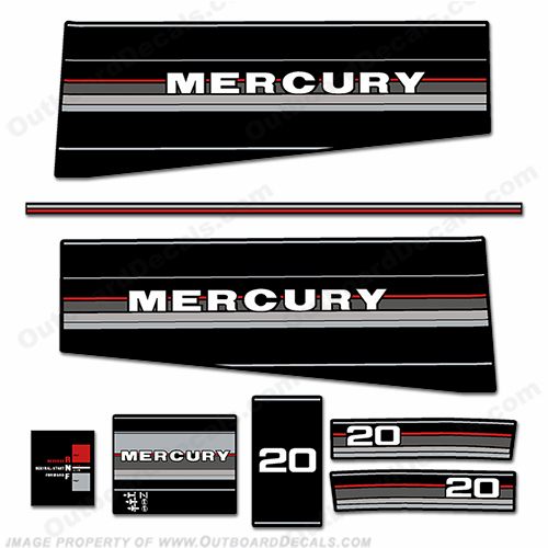 Mercury 20HP Outboard Engine Decals -  1988 mercury, 20, 20hp, 20 hp, 1988, 88, vintage, outboard, decal, kit, decals, set, stickers, motor, engine, boat, 