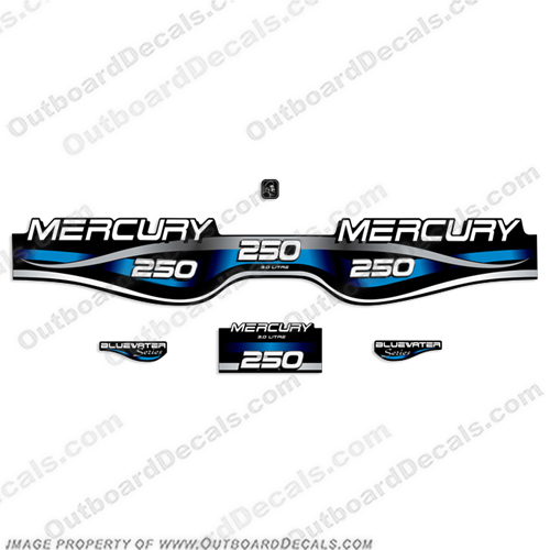 Mercury 250hp 3.0L Bluewater Series Decal Kit (Blue)  merc, mercury, blue, water, 3l, 250, 3.0l, 3.0, liter, 2.5, 2l, outboard, engine, motor, decal, sticker, kit, set, decals, mercury, 150, 150 hp, horsepower, 150hp, 1998, 1999, 2000, 2001, 2002, 2003, 2004, 2005, 2006, 2007, 2008, 2009, 2010, electronic, fuel, injection, INCR10Aug2021