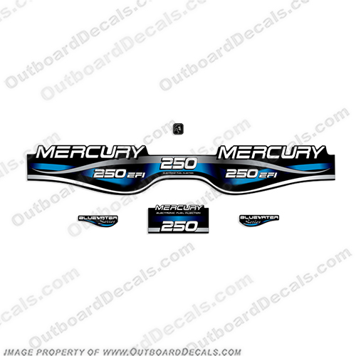 Mercury 250hp EFI Fuel Injection Bluewater Series Decal Kit (Blue)   merc, mercury, blue, water, fuel, injection, 250 3l, 3.0l, 3.0, liter, 2.5, 2l, outboard, engine, motor, decal, sticker, kit, set, decals, mercury, 150, 150 hp, horsepower, 150hp, 1998, 1999, 2000, 2001, 2002, 2003, 2004, 2005, 2006, 2007, 2008, 2009, 2010, electronic, fuel, injection, INCR10Aug2021