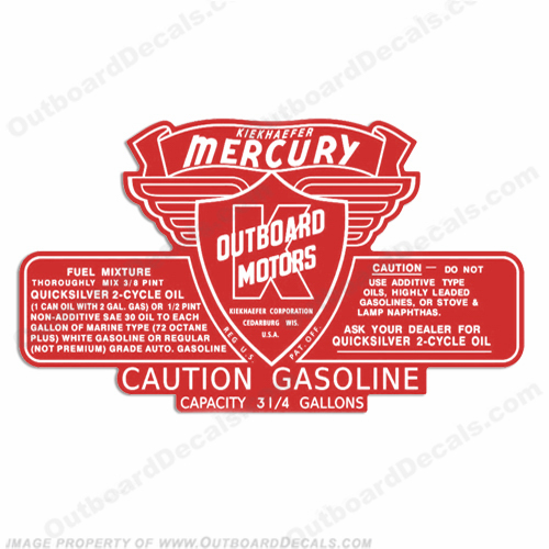 Mercury Kiekhaefer 1953-1956 3.25 Gallon Gas Tank Decal INCR10Aug2021