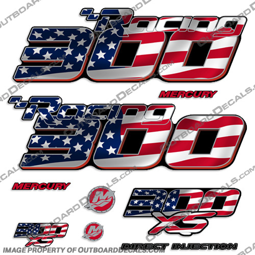 Mercury Racing Optimax 300XS DFI DECAL SET 8M0121263- American Flag! 300, 300-xs, 300 xs, xs, 016 2017 Mercury Racing 300 hp Optimax 300XS decal set replica (All domed decals and emblem as flat vinyl decals Non OEM)  Referenced Part number: 8M0121263  Made as decal Upgrade for 2006-2017 Outboard motor covers. RACE OUTBOARD HIGH PERFORMANCE 3.2L 300XS OPTIMAX 1.62:1 300 XS L SM PN: 881288T64 ,898103T93, 8M0121265. ,american, flad, racing, mercury, 300, optimax, 