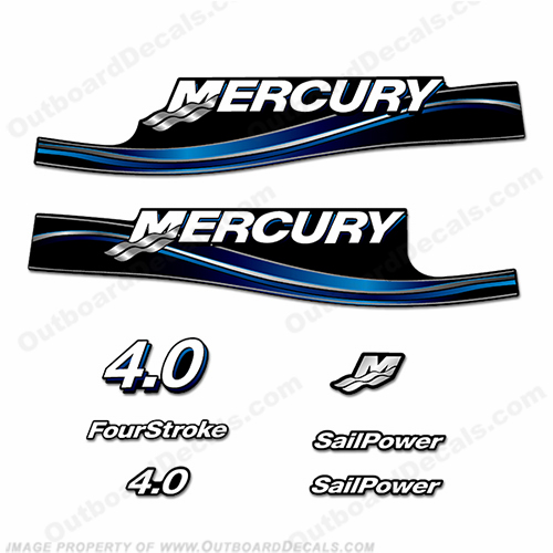 Mercury 4.0hp Four Stroke Decal Kit - Blue mercury, 4hp, 4.0, 4 hp, 4.0hp, hp, 4, 6, fourstroke, sail power, sailpower, motor, engine, decals, 4s, 4-stroke, 4 stroke, stroke, sail, power, INCR10Aug202121