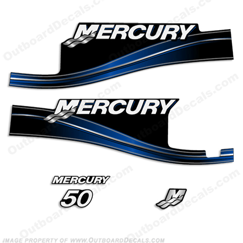 Mercury 50hp 2 Stroke Decal Kit (Blue) 2005 - 2009 with Oil Window 50 hp, 2 stroke, 2005, 2006, 2007, 2008, 2009, oil window, 2-stroke, 05, 06, 07, 08, 09, INCR10Aug2021