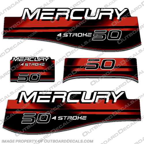 Mercury 50hp 4 Stroke Decals - Red 1996 1997 1998 for FourStroke Motor big, foot, big foot, big-foot, Mercury, 50, 50hp, hp, horsepower, 4, stroke, fourstroke, four, 4-stroke, Red, 1996, 1997, 1998, 
