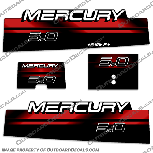 Mercury 5hp Decals - Red 1996-1998  big, foot, big foot, big-foot, 1991, 1992, 1993,1994, 1995, 1996, 1997, 1998, 1999, 5, merc, mercury, outboard, decal, sticker, kit, set, engine, motor, 5.0, 5hp, 5 hp, 5.0 hp, 5.0hp, 
