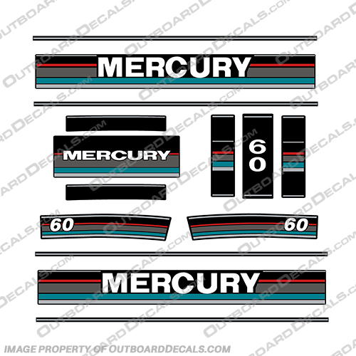 Mercury 1989-1990 60HP Outboard Decals (Teal) mercury, 60, outboard, motor, decal, sticker, kit, set, with, teal, 89, 90