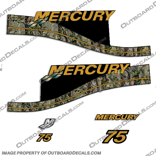 Mercury Custom 75 2-Stroke Decal Kit - Real Camo Style  mercury, decals, 75, hp, elpto, real, tree, camo, camoflauge, outboard, motor, engine, decal, sticker, kit, set