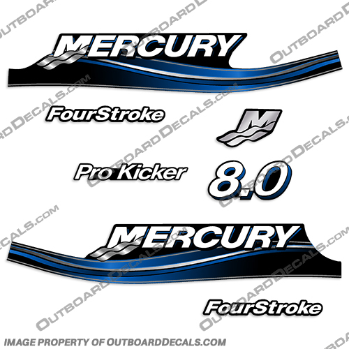 Mercury 8.0hp FourStroke Pro Kicker Decal Kit - 2005 Style (Blue) mercury, 8.0 hp, 8hp, 8 hp, 8.0hp, horsepower, 9.9hp, 2005, 2006, 2007, 2008, 2009, 2010, electronic, fuel, injection, four, stroke, outboard, engine, motor, decal, kit, set, pro, kicker, FourStroke, 4-Stroke, 4Stroke, Blue