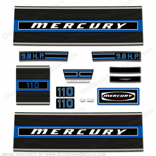 Mercury 1975 9.8HP Outboard Engine Decals 110, 10hp, 9.8hp, 9.8, mercury, motors, outboards, outboard, motor, engine, decal, sticker, kit, set 1975, 75, 75, 