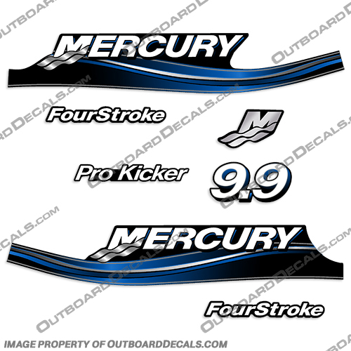 Mercury 9.9hp FourStroke Pro Kicker Decal Kit - 2005 Style (Blue) mercury, 9.9, 9.9 hp, horsepower, 9.9hp, 2005, 2006, 2007, 2008, 2009, 2010, electronic, fuel, injection, four, stroke, outboard, engine, motor, decal, kit, set, pro, kicker, FourStroke, 4-Stroke, 4Stroke, Blue