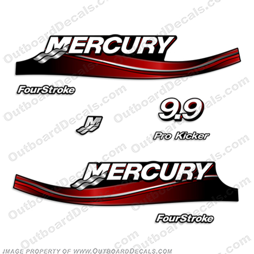 Mercury 9.9hp Four Stroke Pro Kicker Decal Kit - 2005 Style mercury, 9.9, 9.9 hp, horsepower, 9.9hp, 2005, 2006, 2007, 2008, 2009, 2010, electronic, fuel, injection, four, stroke, outboard, engine, motor, decal, kit, set, pro, kicker, INCR10Aug2021