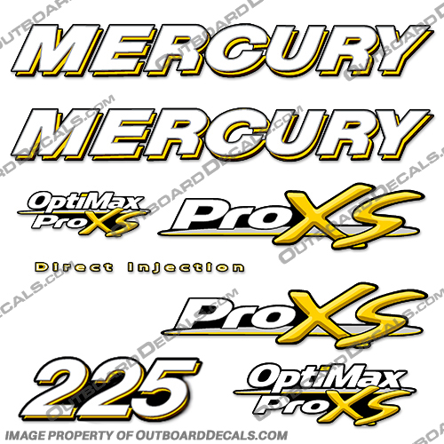 Mercury 225hp ProXS Decal Kit - Yellow pro xs, optimax proxs, optimax pro xs, optimax pro-xs, pro-xs, 225 hp, mercury, 225, hp, horsepower, horse, power, Pro, XS, Decal, Decals, Kit, Yellow