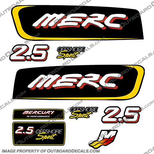 Mercury 2.5 Liter Offshore Sport Decal Kit - Red/Yellow Mercury, 2.5, Liter, Litre, 2.5L, 2.5 L, Offshore, Sport, Off shore, decal, Decals, kit, red, yellow, Red/Yellow, Yellow/Red, Red / Yellow, Yellow / Red