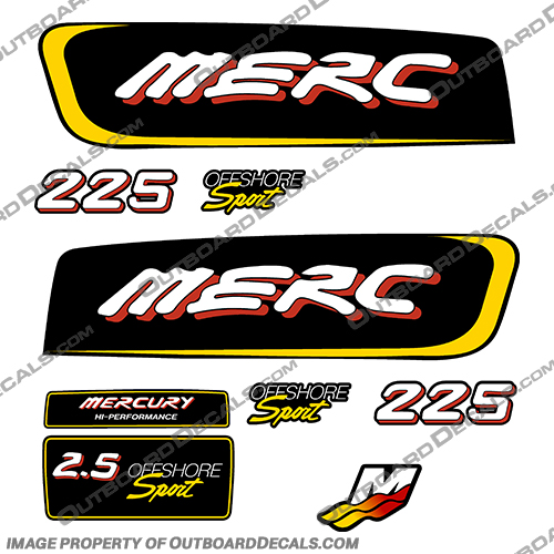 Mercury 225 Liter Offshore Sport Decal Kit - Red/Yellow Mercury, 225, Liter, Litre, 225, Offshore, Sport, Off shore, decal, Decals, kit, red, yellow, Red/Yellow, Yellow/Red, Red / Yellow, Yellow / Red