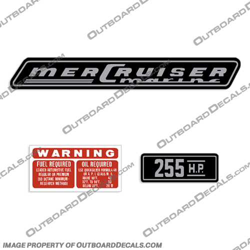 Mercury Mercruiser 255hp Inboard Motor Decals mercury, mercruiser, 255, hp, inboard, boat, motor, engine, valve, cover, decal, sticker, kit, set, of, decals, 1970, 1971, 1972, 1973, 1974, 1975 , 1976, 1977