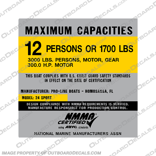 Pro-Line 24 Sport Boat Capacity Decal - 12 Person capacity, plate, sticker, decal, Sport, boat, person, persons, pro, line, proline, pro-line, 24, 12, person, people,