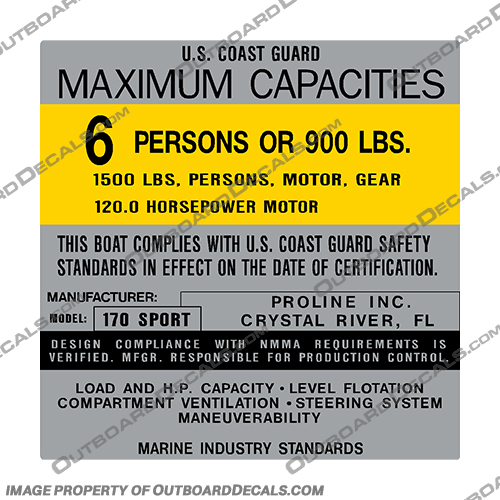 Pro-Line 170 Capacity Decal - 6 Person capacity, plate, sticker, decal, regulation, coast, guard, pro, line, proline, pro-line, 170, sport, 170 sport