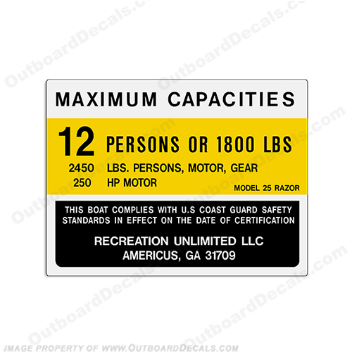 Recreation Unlimited 25 Razor Capacity Decal - 12 Person capacity, plate, sticker, decal, INCR10Aug2021