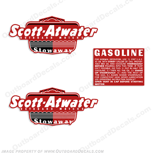 Scott Atwater Gasoline Fuel Gas Tank Stowaway 1950 Decals INCR10Aug2021