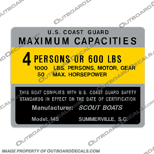 Scout 145 Capacity Decal - 4 Person Scout, 145, Capacity, Decal, Plate, 4, person, 4 person, 4 people, people