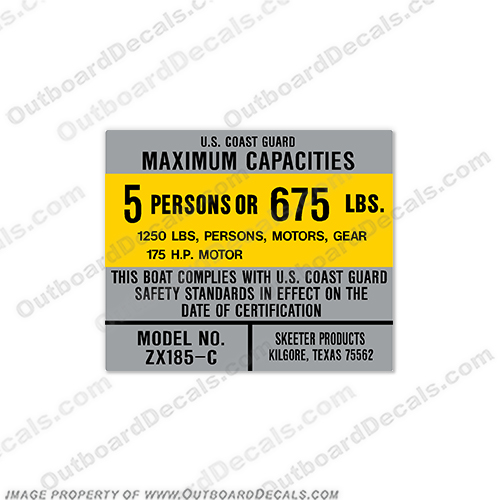 Skeeter ZX185-C Boat Capacity Decal - 5 Person skeeter, zx, 185, c, bay, 5, person, grady, white, gradywhite, capacity, regulation, plate, decal, sticker, 190, tournament, tarpon, hp, outboard motor, tiller, engine, decal, sticker, kit, set, INCR10Aug2021