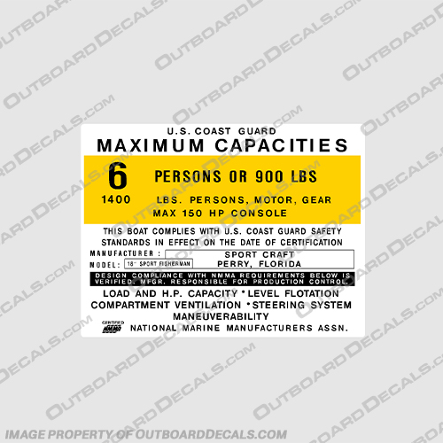  Sport Craft 18 Capacity Decal - 6 Person Sport, Craft, 18, Capacity, Decal, 6, person, people,