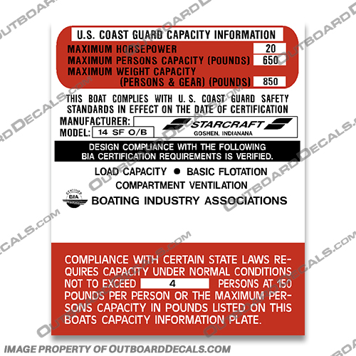 Starcraft Boats 14 SF Type A Boat Capacity Decal and 4 Person Rider  capacity, plate, sticker, decal, star, craft, starcraft, brunswick, marine, manufacturing, 14, mr, century, person, persons, 