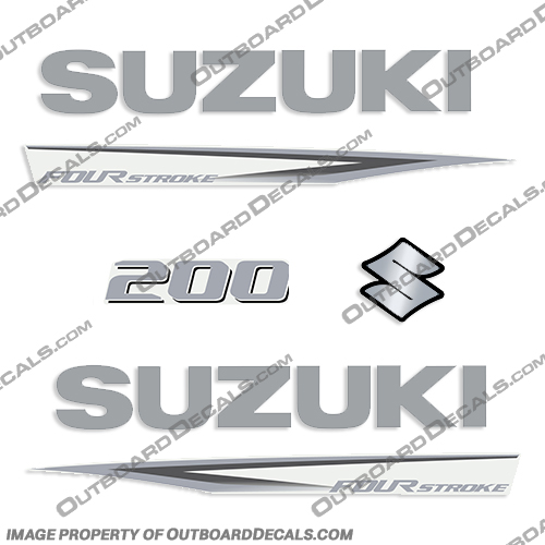 Suzuki 200hp Fourstroke Outboard Decal Kit - New 2019 and Up suzuki, 200, 200hp, 2019, 2020, 2021, 2022, 2023, 2024, 2025, 2026, new, style, decal, decals, set, kit, stickers, outboard, engine, motor, fourstroke, silver
