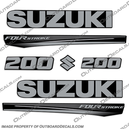Suzuki 200 Fourstroke New 2017 and Up - Black Cowl  suzuki, 150, 250hp, 2017, 2018, 2019, 2020, 2021, 2022, new, style, decal, decals, set, kit, stickers, outboard, engine, motor, fourstroke, silver, black, cowl, 200,
