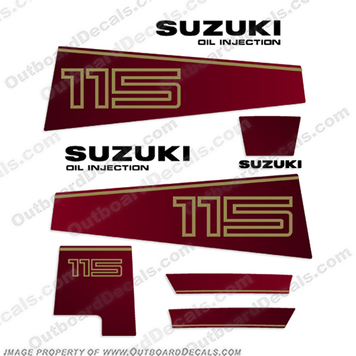 Suzuki 115hp DT115 Decal Kit - 1980s - 1990s Burgundy suzuki, dt, 115, hp, 1987, outboard, engine, motor, decal, sticker, kit, set, decals, burgundy