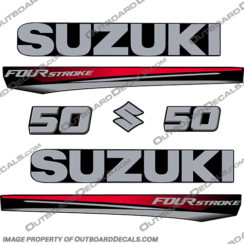 Suzuki 50 Fourstroke New 2017 and Up - Red Cowl suzuki, 50, 50hp, 60hp, 60, 70hp, 2017, 2018, 2019, 2020, 2021, 2022, red, red cowl, new, style, decal, decals, set, kit, stickers, outboard, engine, motor, fourstroke, silver