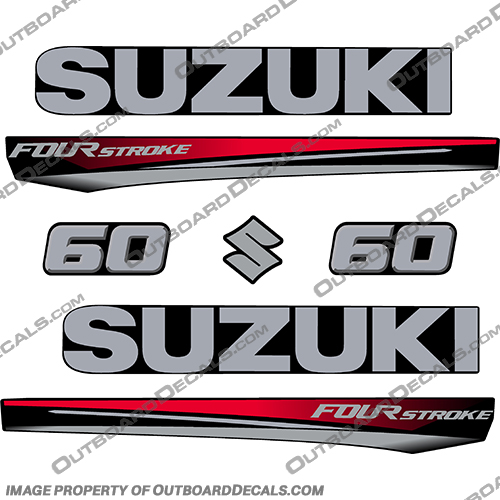 Suzuki 60 Fourstroke New 2017 and Up - Red Cowl suzuki, 50, 50hp, 60hp, 60, 70hp, 2017, 2018, 2019, 2020, 2021, 2022, red, red cowl, new, style, decal, decals, set, kit, stickers, outboard, engine, motor, fourstroke, silver