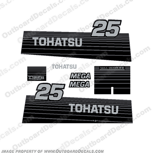 Tohatsu 25hp Mega Silver Decal Kit  tohatsu, 25, mega, silver, dark, grey, outboard, engine, motor, decal, sticker, kit, set, INCR10Aug2021