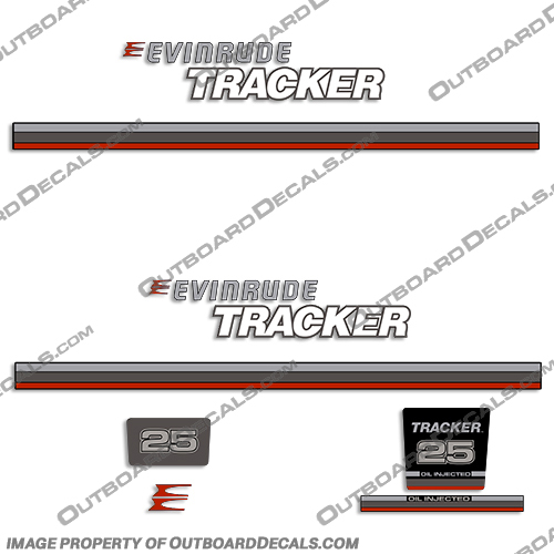 Evinrude 1993 Tracker 25hp Decal Kit - Red Evinrude, 1993, Tracker, 25, 25hp, hp, horsepower, horse, power, decal, decals, kit, red
