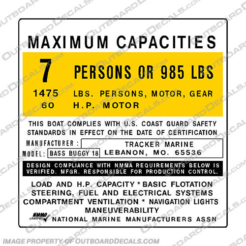 Tracker Marine Boats Bass Buggy 18 Boat Capacity Decal - 7 Person Tracker, Marine, Boats, Boat, Bass, Buggy, 18, Capacity, Decal, 7, person, people,
