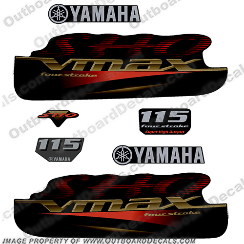 Yamaha 115hp VMAX SHO Fourstroke Decals - Red / Gold / Silver  v max, v-max, four stroke, four-stroke, 115, hp, red, gold, outboard, motor, engine, decal, sticker, kit, sho, vmax