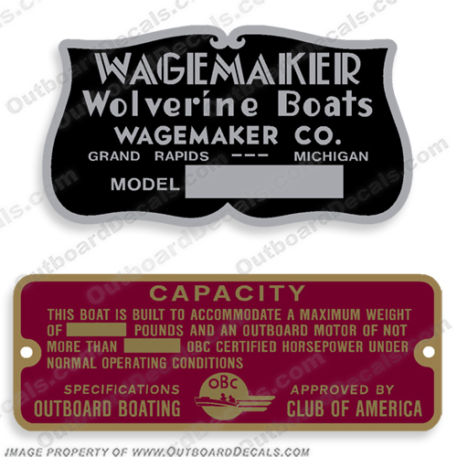 Wagemaker Wolverine Boats Model and Capacity Decals  Wagemaker, Wolverine, Capacity, Plate, model, decal, sticker, kit, set, 