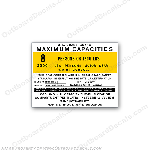 Wellcraft 192 American Capacity Decal - 8 Person  capacity, plate, sticker, decal, regulation, coast, guard, INCR10Aug2021