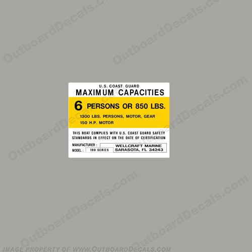 Wellcraft 180 Capacity Decal - 6 Person capacity, plate, sticker, decal, regulation, coast, guard, series, fisherman well craft, wellcraft, well, craft, 180, INCR10Aug2021