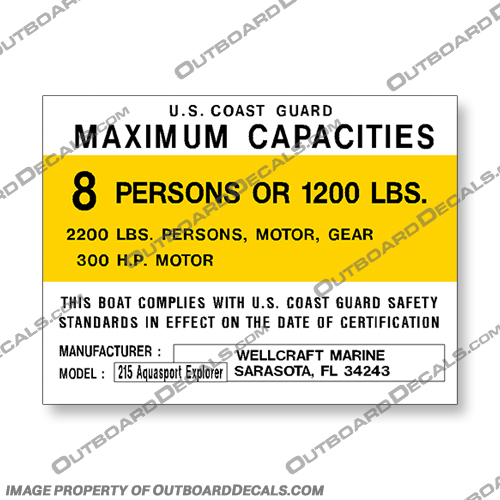 Wellcraft 215 Aquasport Explorer Capacity Decal - 8 Person Well, craft, wellcraft, 215, aqua, sport, aquasport, explorer, capacity, decal, 8, person